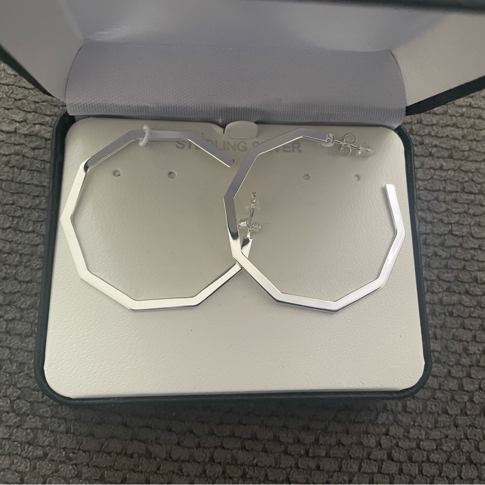 Silver Hexagon Hoop Earrings